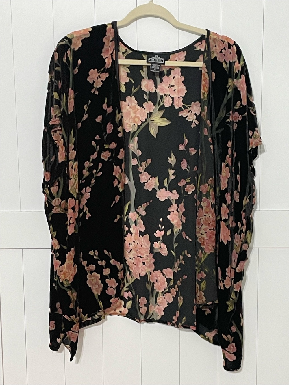Angie Black Velvet Burnout Floral Kimono with Pink Blossoms